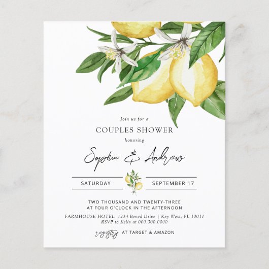 Papier Budget Citron vert Couples douche Invitation (Devant)
