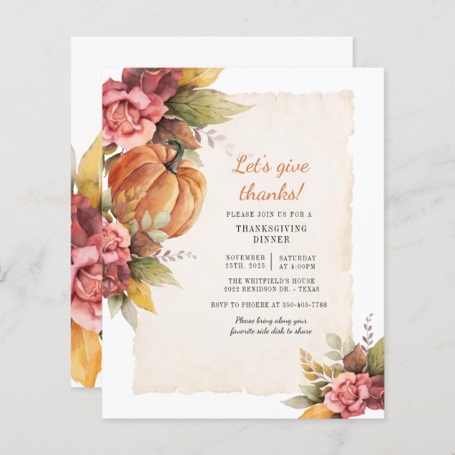 Papier Budget Citrouille Floral Thanksgiving Dîner (Devant / Derrière)