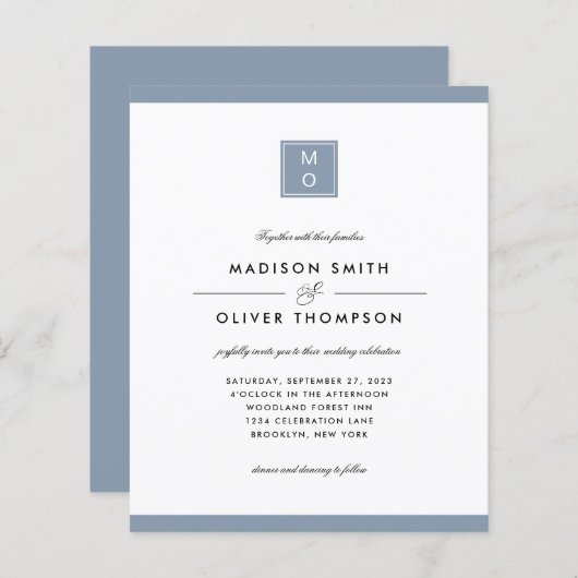 Papier BUDGET Classic Élégant Dusty Blue Monogram Mariage (Devant / Derrière)