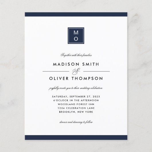 Papier BUDGET Classic Élégant Mariage de Monogramme Bleu (Devant)