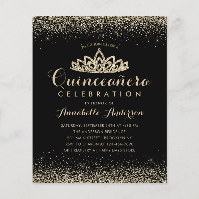 Papier Budget Classic Noir Quinceañera Tiara Invitation (Devant)