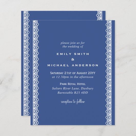 Papier Budget Classique Bleu Blanc dentelle Invitations d (Devant / Derrière)