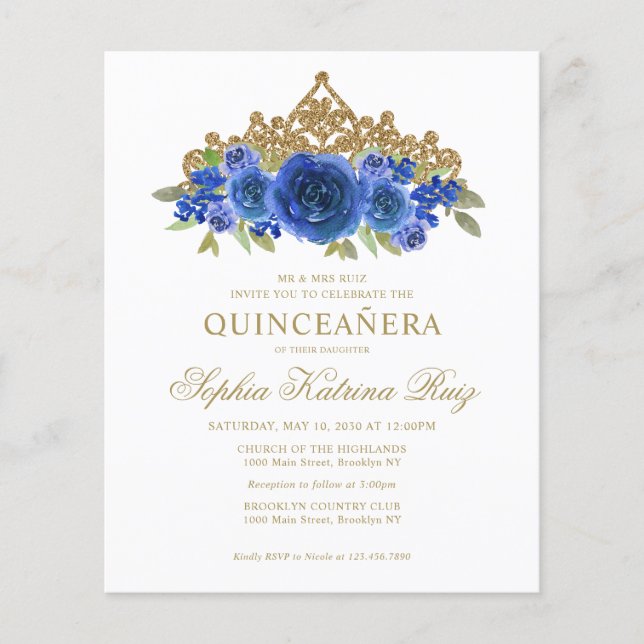 Papier Budget Classique Floral Royal Blue Tiara Quinceañe (Devant)