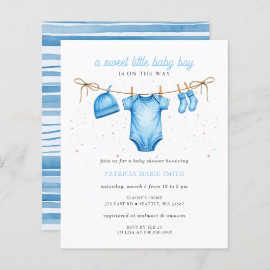 Papier Budget Clothesline Blue Boy Baby Shower invitation (Devant / Derrière)