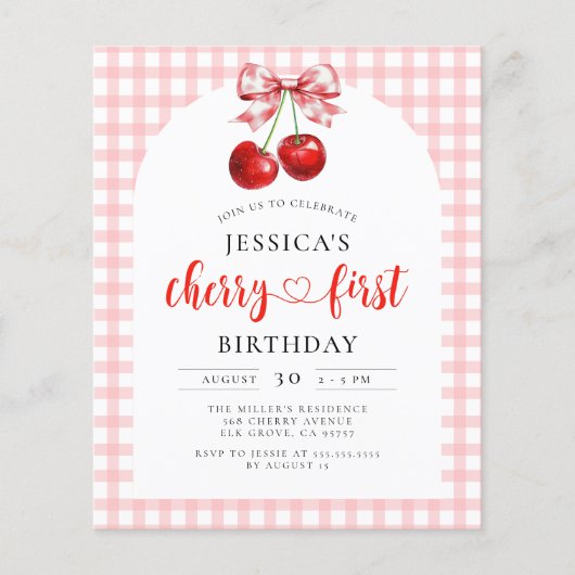 Papier Budget Coquette Cherry Première Invitation d'anniv (Devant)