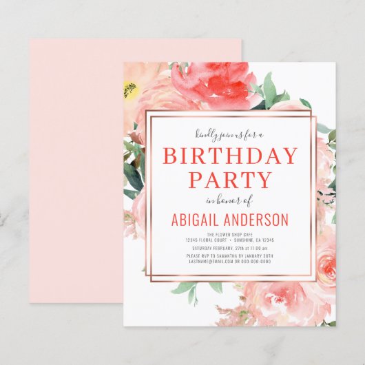 Papier Budget Coral Floral Anniversaire Fête Invitation (Devant / Derrière)