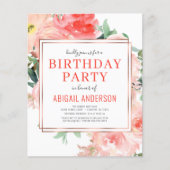 Papier Budget Coral Floral Anniversaire Fête Invitation (Devant)