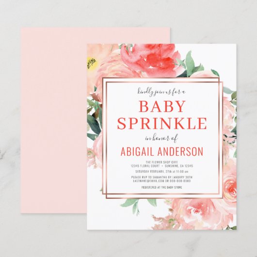 Papier Budget Coral Floral Peach Baby Sprinkle Invitation (Devant / Derrière)