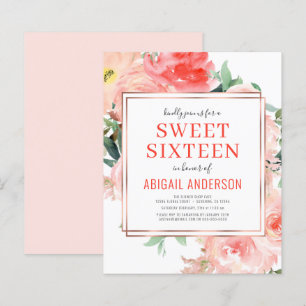 Papier Budget Coral Floral Pêche Sweet sixteen Invitation