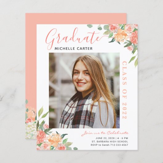 Papier Budget Coral Floral Photo Graduation Faire-part (Devant / Derrière)