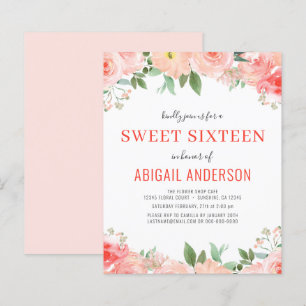 Papier Budget Coral Floral Sweet 16 Anniversaire Invitati