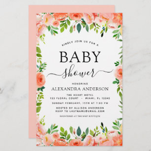 Papier Budget Coral Pêche Baby shower Floral Invitation