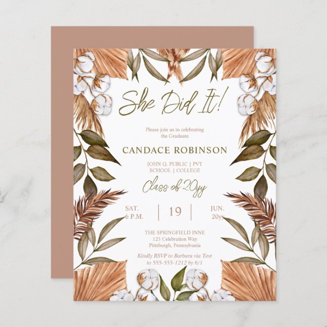 Papier BUDGET Coton Grasses séchées Grad Party Invitation (Devant / Derrière)