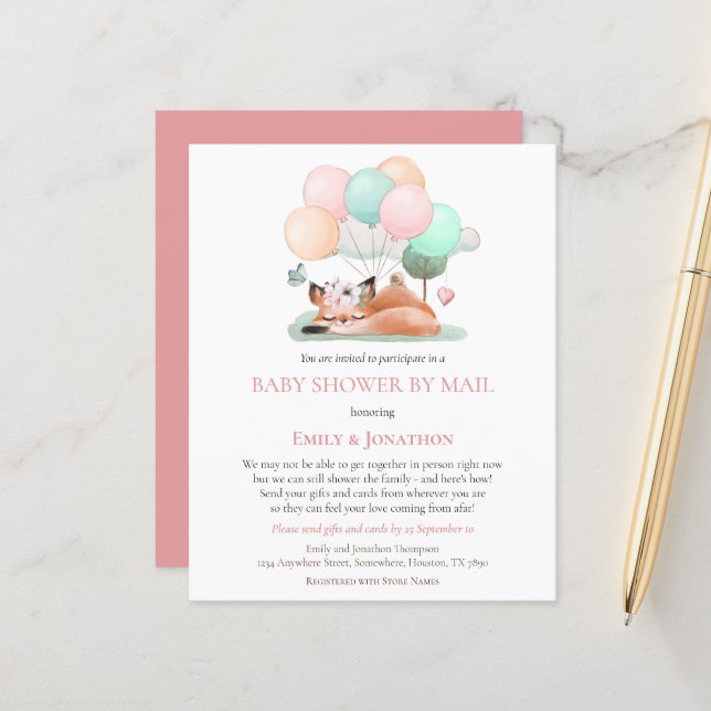 Papier Budget Coucher Fox Baby shower Par Mail Pink (Devant/Arrière en situation)