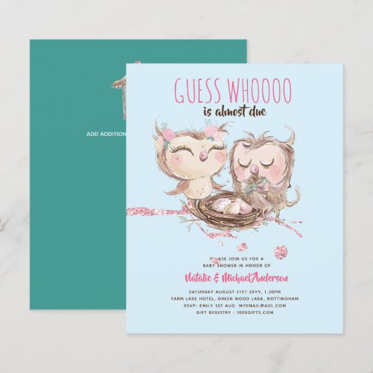 Papier BUDGET Couples Baby shower Cute Owls Woodland Inv. (Devant / Derrière)
