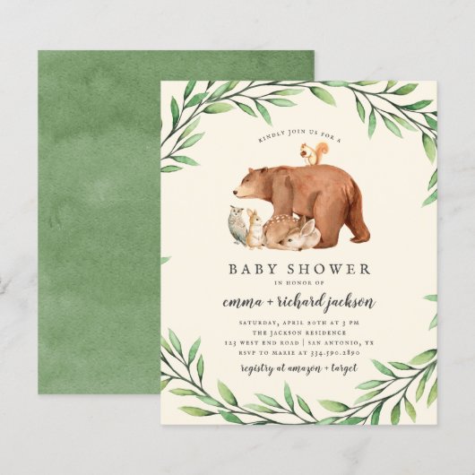 Papier Budget Cream Green Forest Animaux Baby shower (Devant / Derrière)