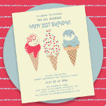 Papier Budget Crème glacée Cone 21e anniversaire Invitati<br><div class="desc">Nouveau pour l'été 2024. Notre Crème De Glace,  Vous Criez Nous Crions Tous Joyeux 21E Anniversaire ! Suivie de trois cônes de crème glacée couleur aquarelle rétro avec des glaces patriotiques rouges,  blanches et bleues et des arrosées.</div>