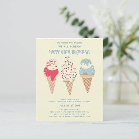 Papier Budget Crème glacée Cone 60e anniversaire Invitati (Debout devant)