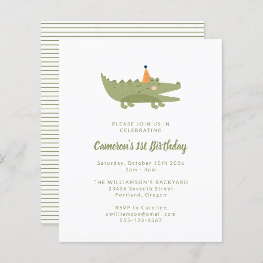 Papier Budget Crocodile vert 1er Invitation anniversaire (Devant / Derrière)