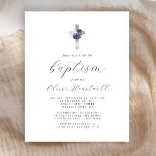Papier Budget Croix Fleurs Argent Bleu Marine Garçon Bapt