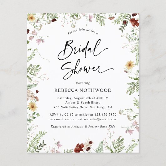 Papier Budget Cute Boho Florals Invitation de douche nupt (Devant)
