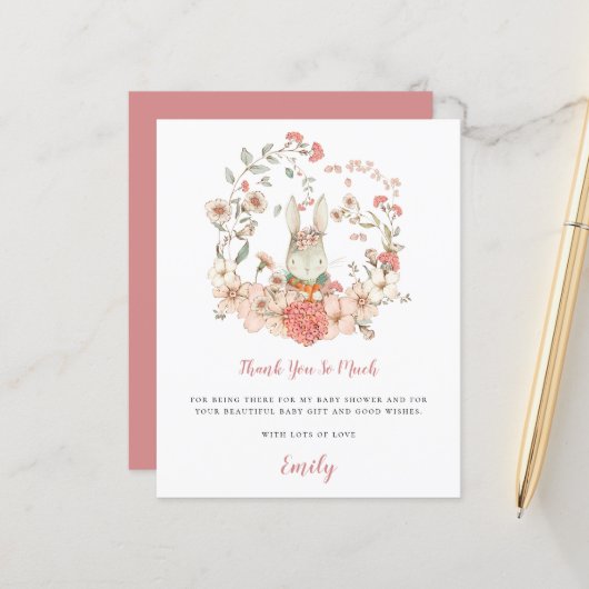 Papier Budget Cute Bunny Coral Baby shower Merci (Devant/Arrière en situation)