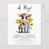 Papier Budget Cute Cow Sunflowers Baby shower Invitation (Devant)