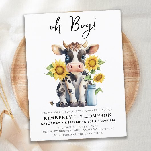 Papier Budget Cute Cow Sunflowers Baby shower Invitation