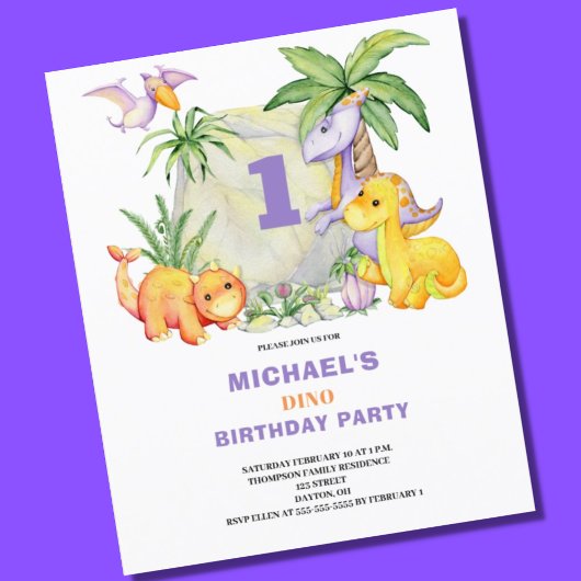 Papier Budget Cute Dinosaur 1er Invitation anniversaire
