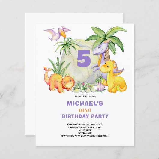 Papier Budget Cute Dinosaur 5e anniversaire Invitation (Devant / Derrière)