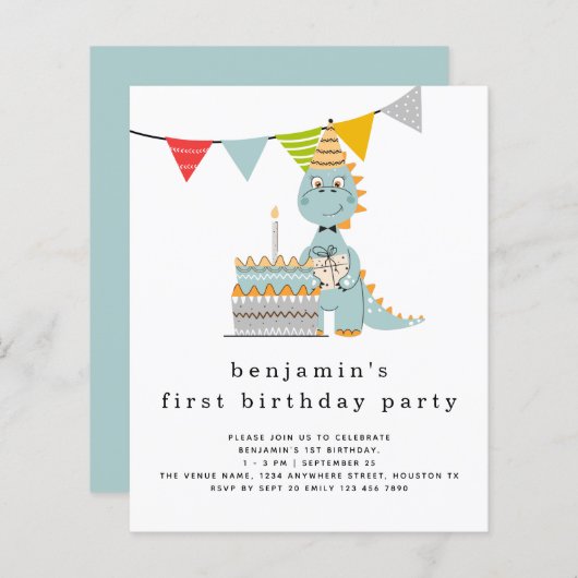 Papier Budget Cute Dinosaur gâteau 1er anniversaire Invit (Devant / Derrière)
