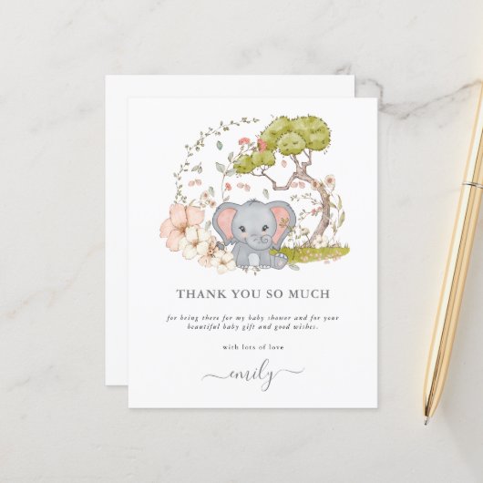 Papier Budget Cute Elephant Florals Baby shower Merci (Devant/Arrière en situation)