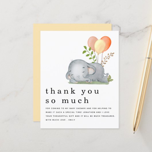 Papier BUDGET Cute Elephant Jaune Baby shower Merci (Devant/Arrière en situation)