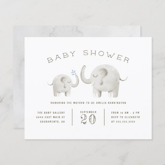 Papier Budget Cute Grey Aquarelle Elephant Baby shower (Devant / Derrière)