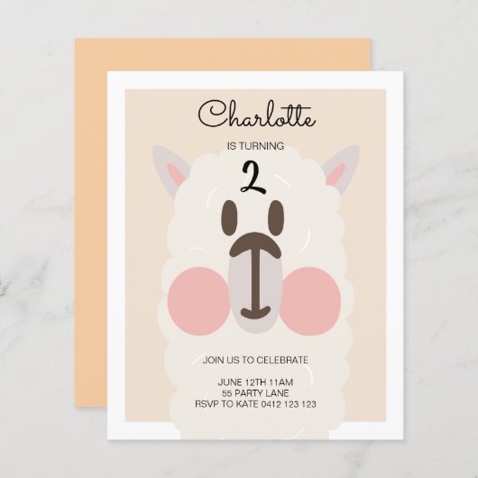 Papier BUDGET Cute Llama Invitation d'anniversaire modern (Devant / Derrière)