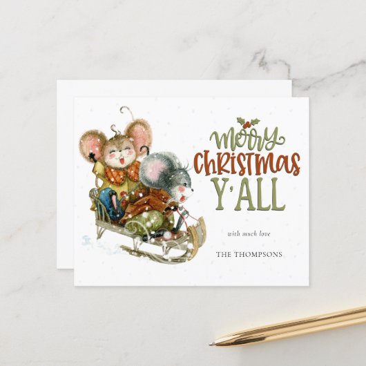 Papier Budget Cute Mice Sleighing Joyeux Noël Nom (Devant/Arrière en situation)