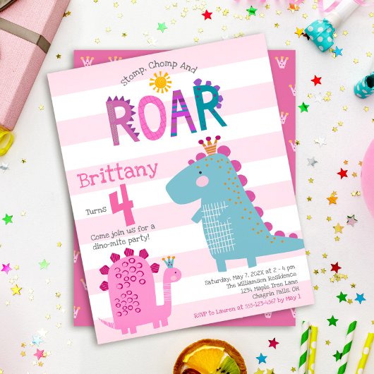 Papier Budget Cute Rose Dinosaur Girl Invitation Annivers