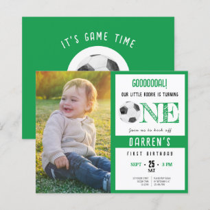 Papier Budget Cute Soccer Photo Vert 1er anniversaire Inv