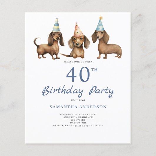 Papier Budget Dachshund Chien 40e anniversaire Invitation (Devant)