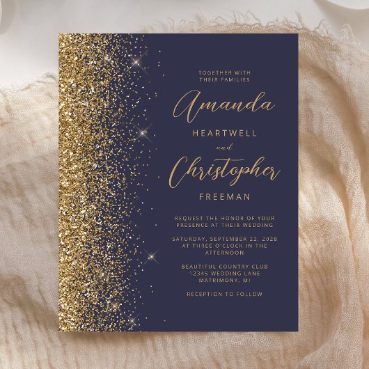 Papier Budget Dark Blue Gold Élégant Mariage Invitation