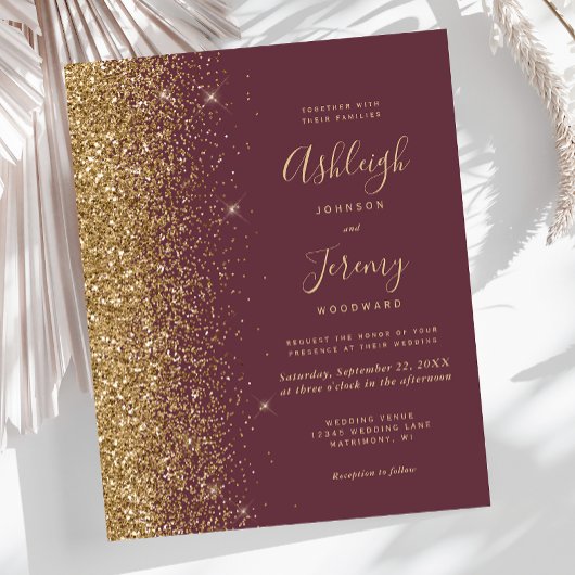 Papier Budget Dark Burgundy Gold Glitter Wedding Invite