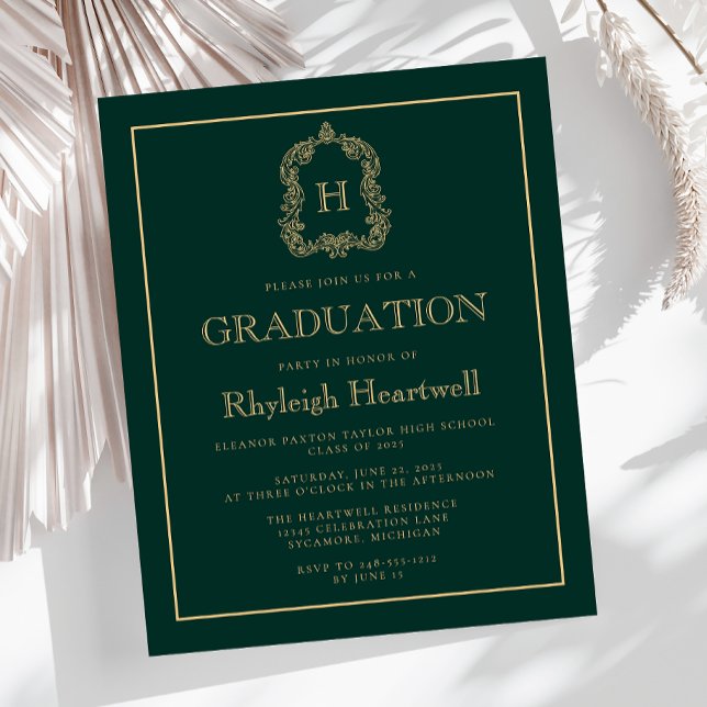 Papier Budget Dark Green Gold Crest Graduation Party (Créateur téléchargé)