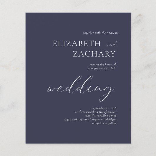 Papier Budget Dark Navy Faire-part de mariage de script b (Devant)