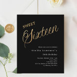 Papier Budget de script en or noir Sweet 16 invitation<br><div class="desc">Une invitation Sweet 16 moderne. Arrière - plan noir classique et le mot Seize écrit avec de grandes lettres en faux or. Personnalisez et ajoutez un nom et des détails du parti. Texte blanc. 1 feuille = 1 invite imprimé bord à bord.</div>