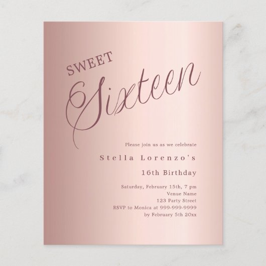 Papier Budget de script or rose Sweet 16 invitation (Devant)