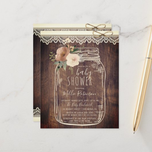 Papier Budget Dentelle & Twin Floral Mason Jar Baby showe (Devant/Arrière en situation)