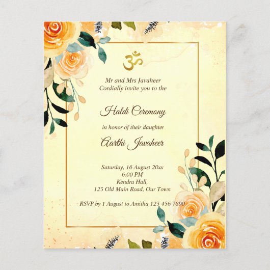 Papier Budget des fleurs jaunes Invitation Haldi Pithi (Dos)
