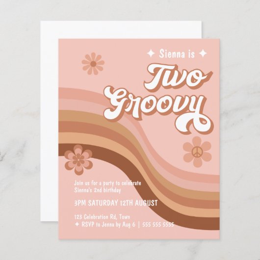 Papier Budget Deux Super Retro Daisy Anniversaire Invitat (Devant / Derrière)
