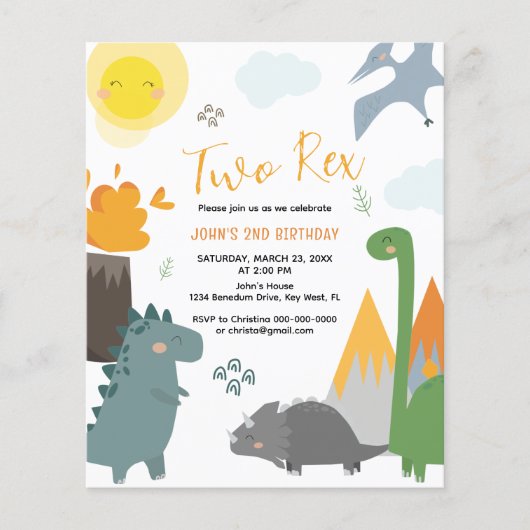 Papier Budget Dinosaur Deux Rex 2e Anniversaire Invitatio (Devant)