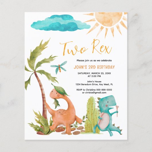 Papier Budget Dinosaur Deux Rex Invitation Anniversaire (Devant)